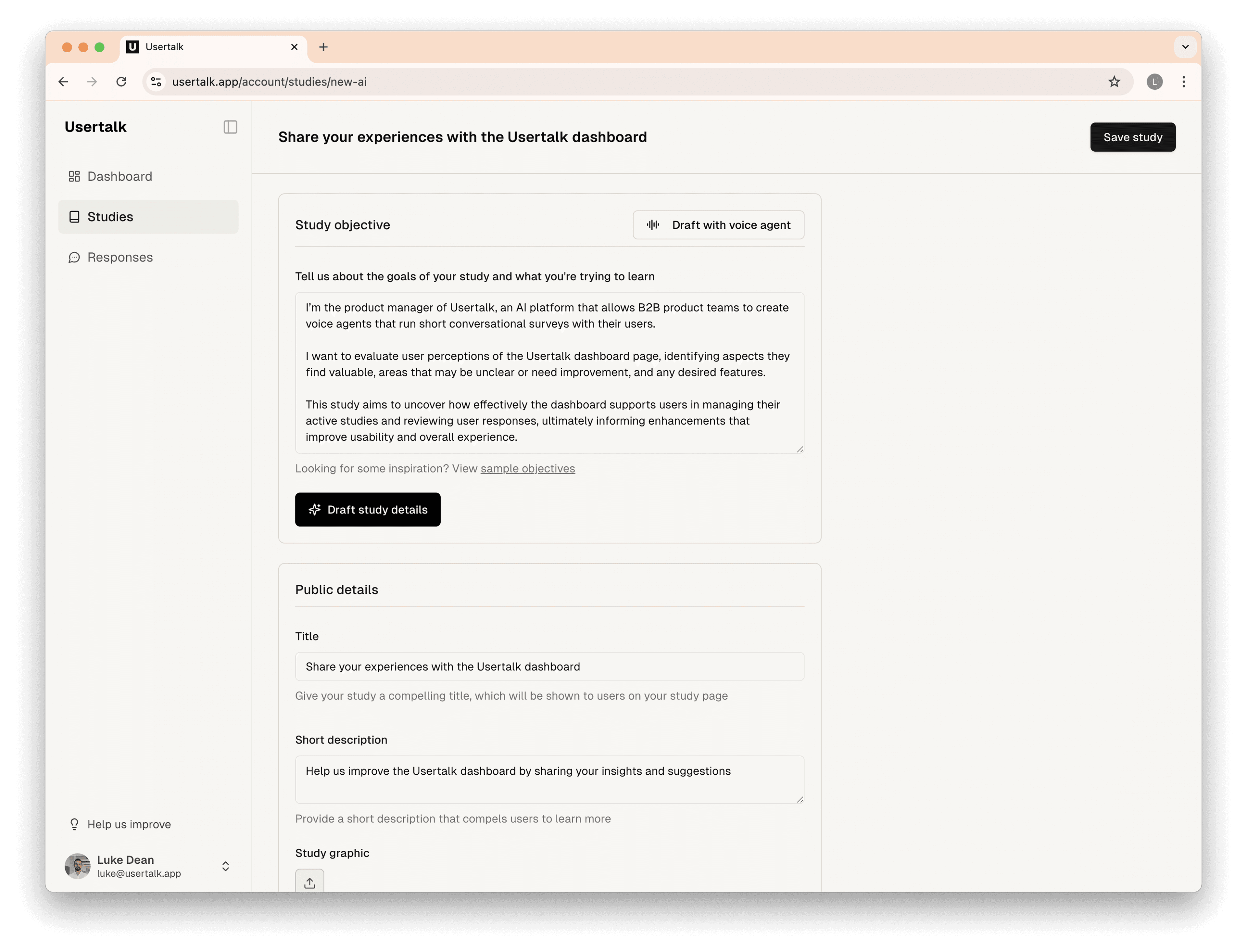 Create AI-led studies in minutes with Usertalk's study builder